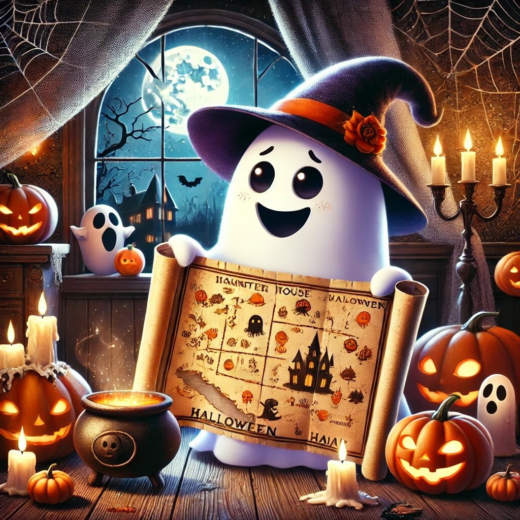 Ghost holding a map of haunted attractions